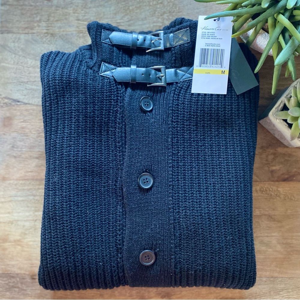 KENNETH COLE Turtleneck Sweater Cardigan with Leather Buckles